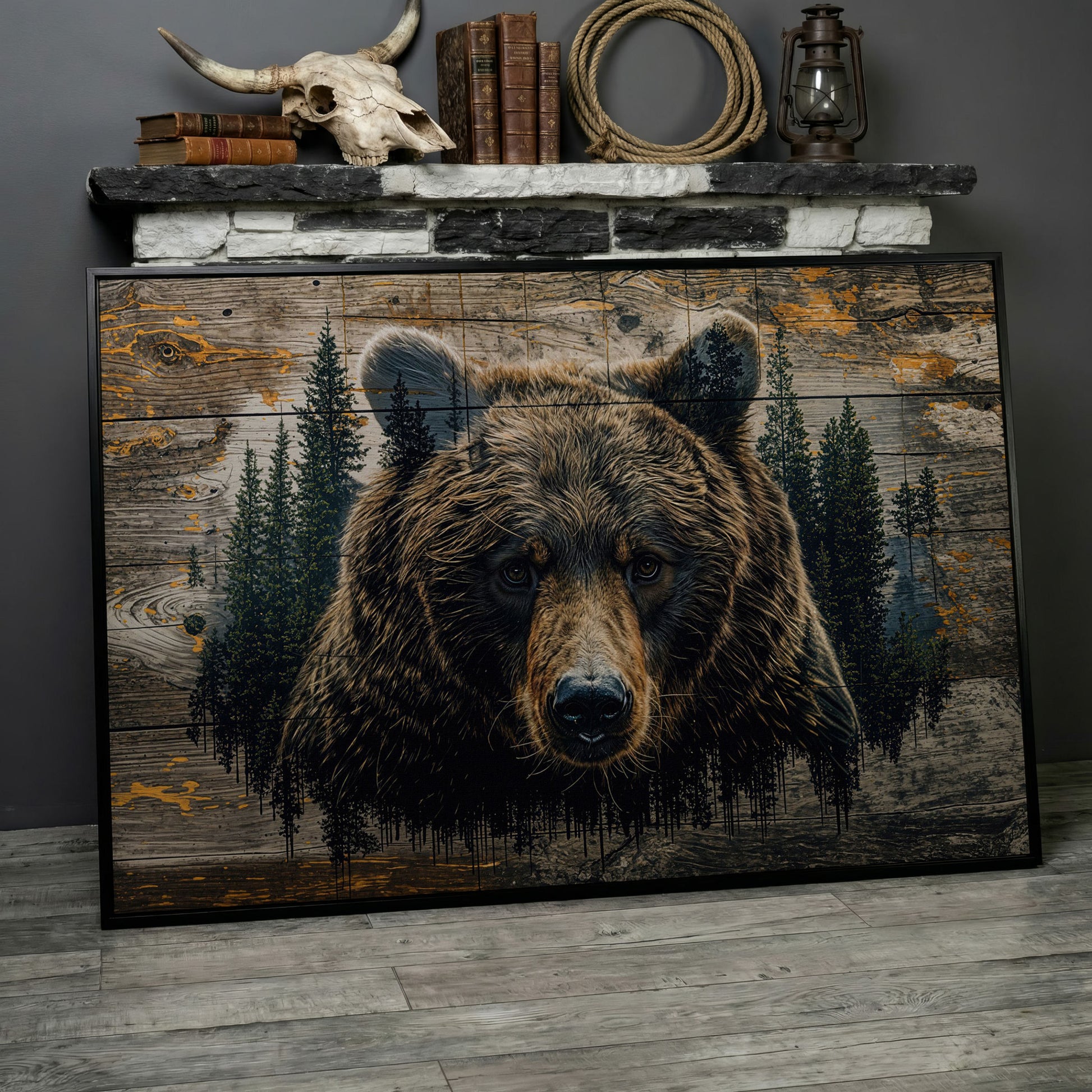 Brown Bear in Forest Canvas Print in black floating frame