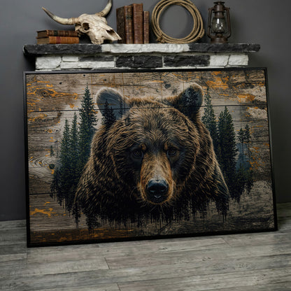 Brown Bear in Forest Canvas Print in black floating frame