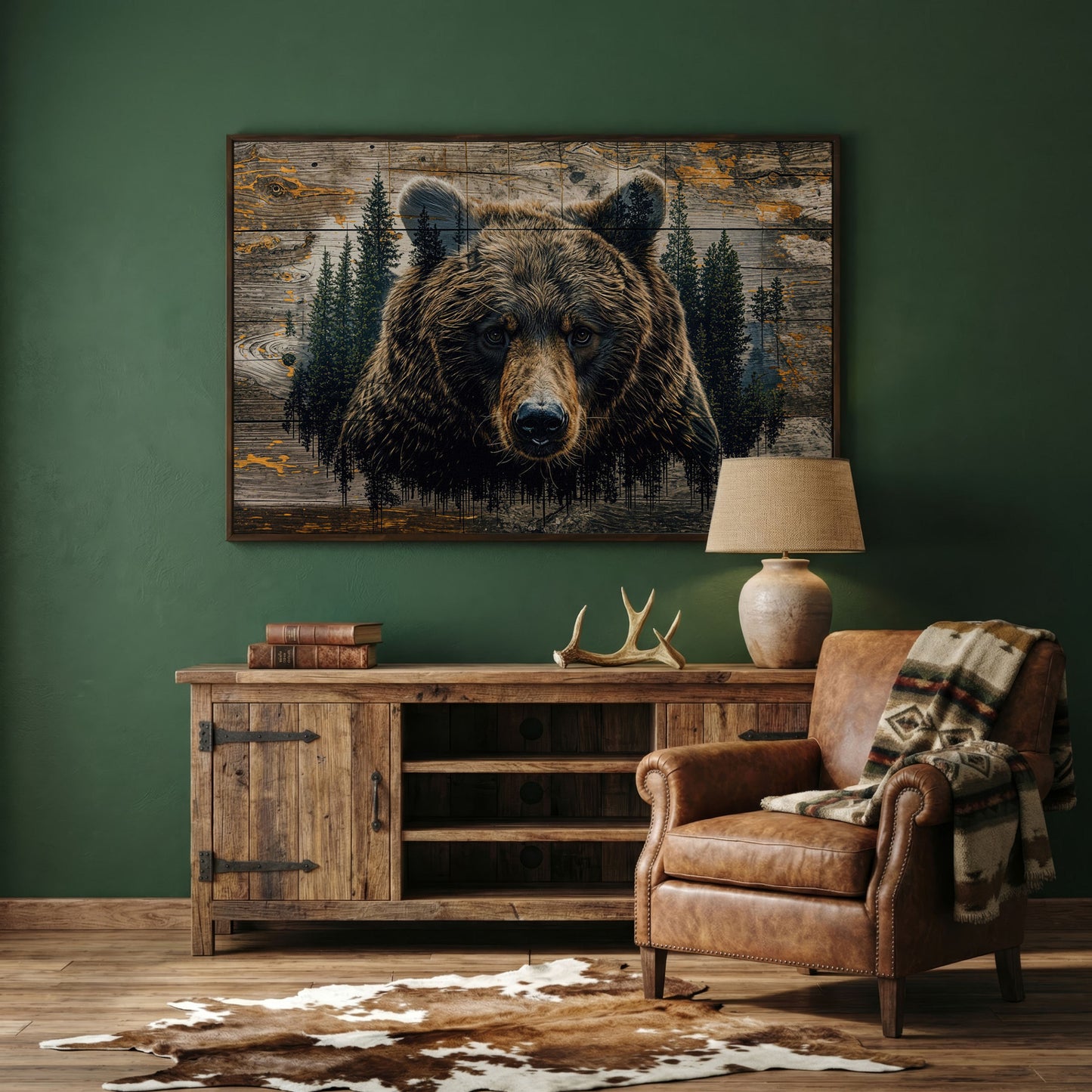 Brown Bear in Forest Canvas Print in dark walnut floating frame