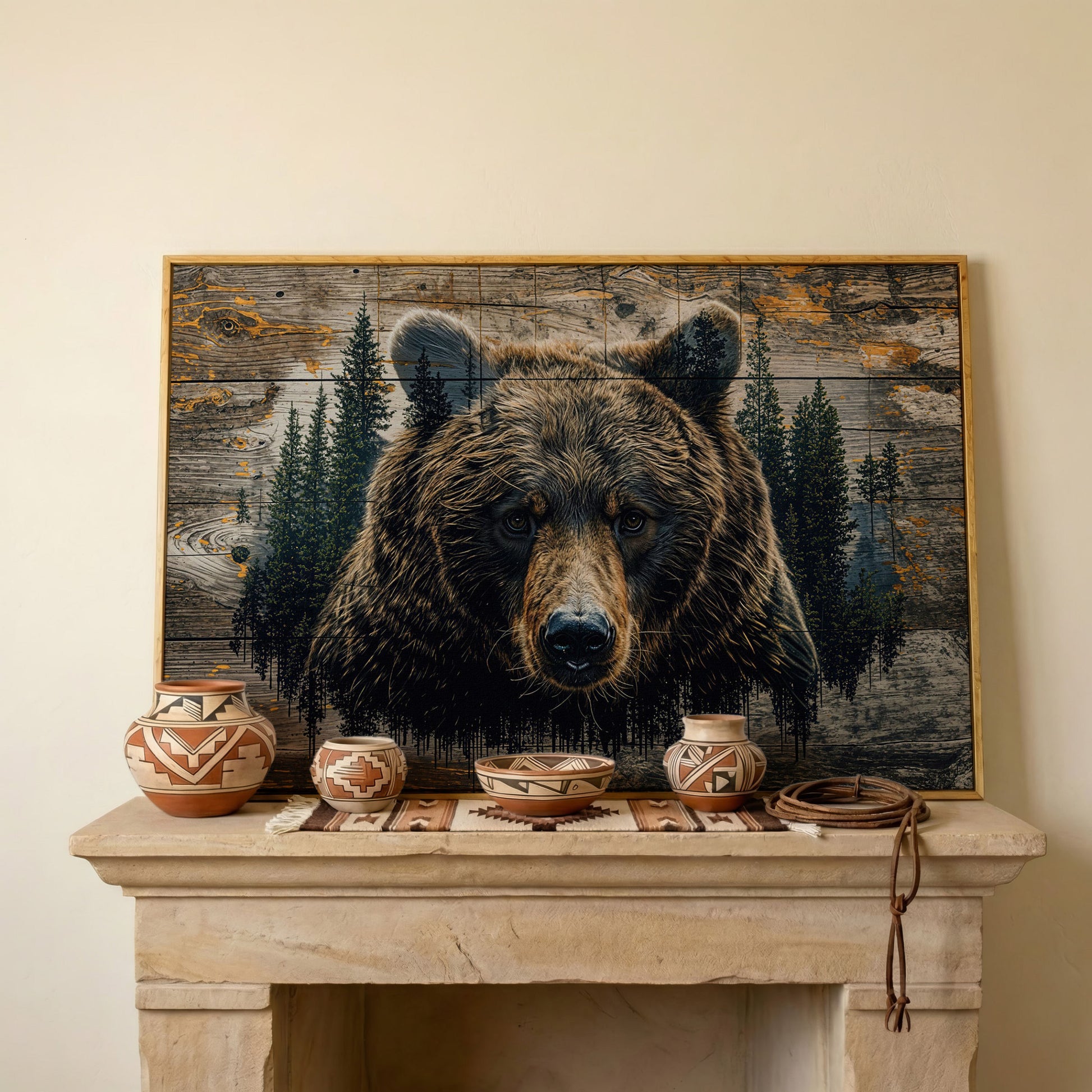 Brown Bear in Forest Canvas Print in white oak floating frame