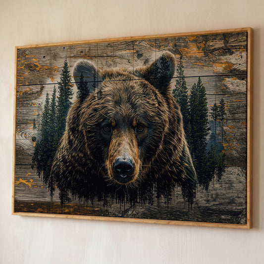 Brown Bear in Forest Canvas Print shown in white oak floating frame