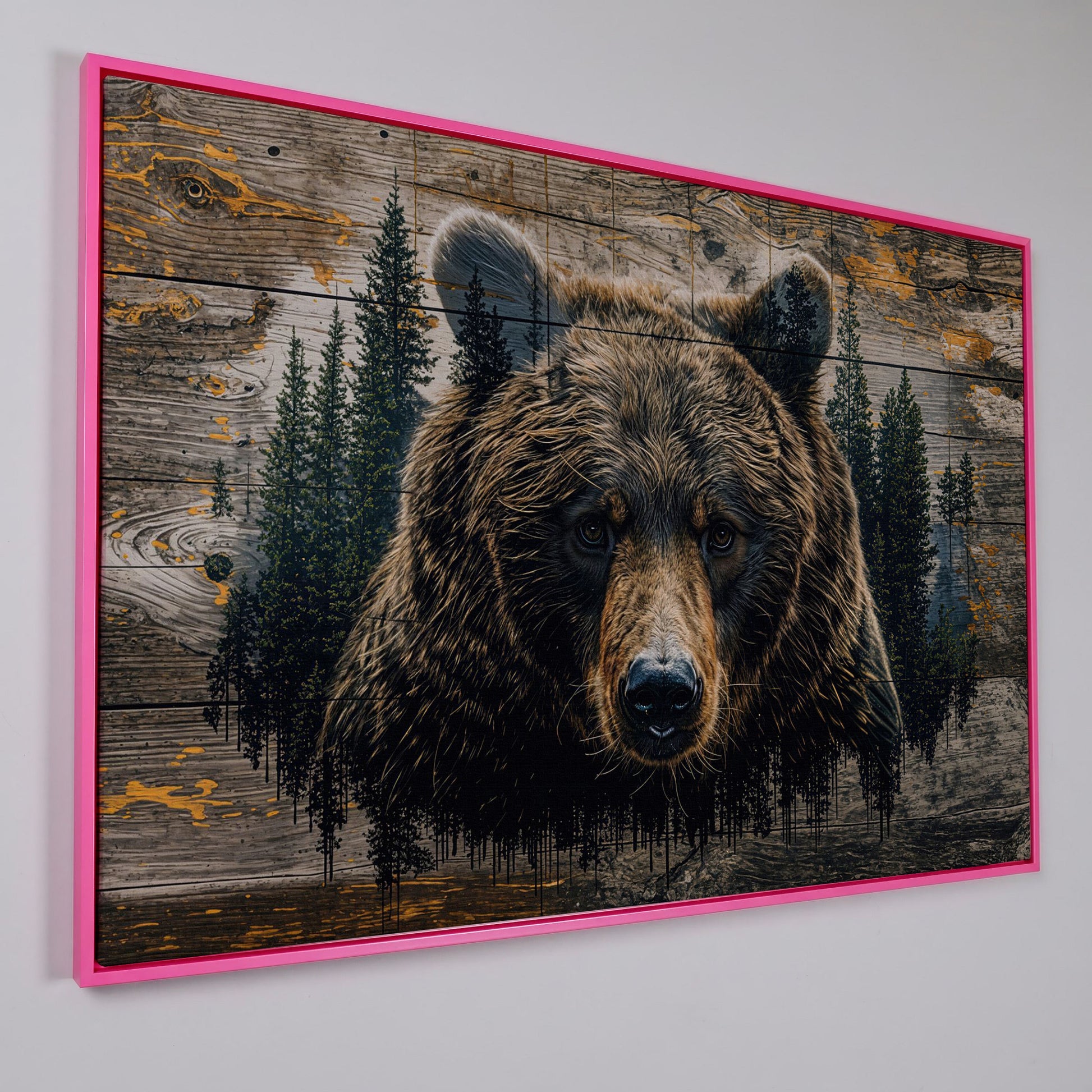 Brown Bear in Forest Canvas Print in pink floating frame