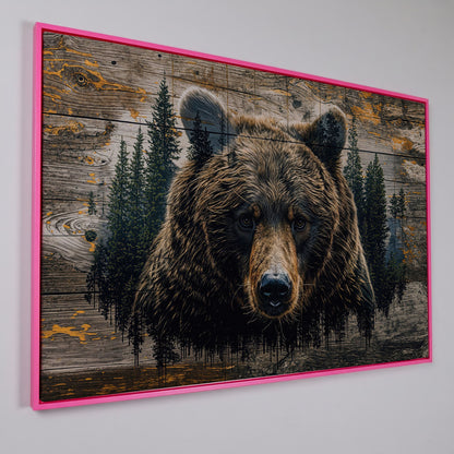Brown Bear in Forest Canvas Print in pink floating frame