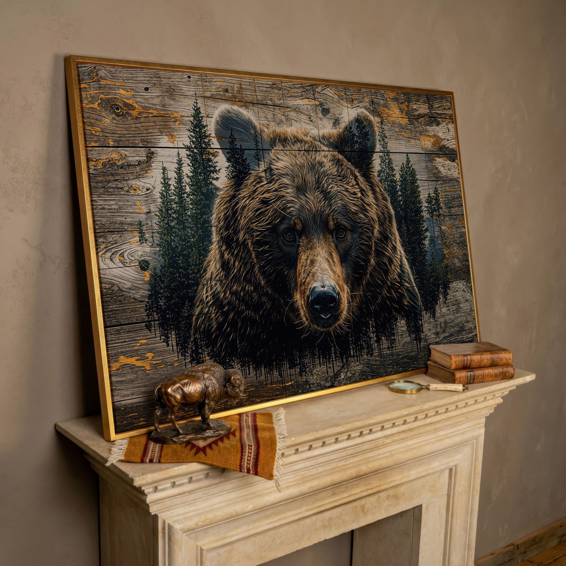 Brown Bear in Forest Canvas Print in rose gold floating frame