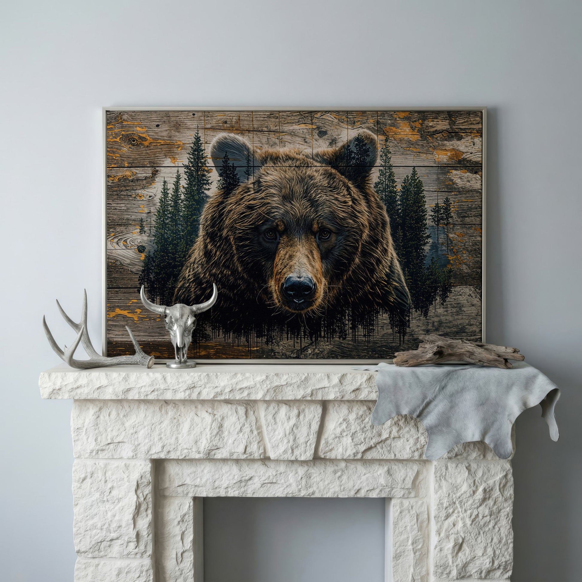 Brown Bear in Forest Canvas Print in silver floating frame
