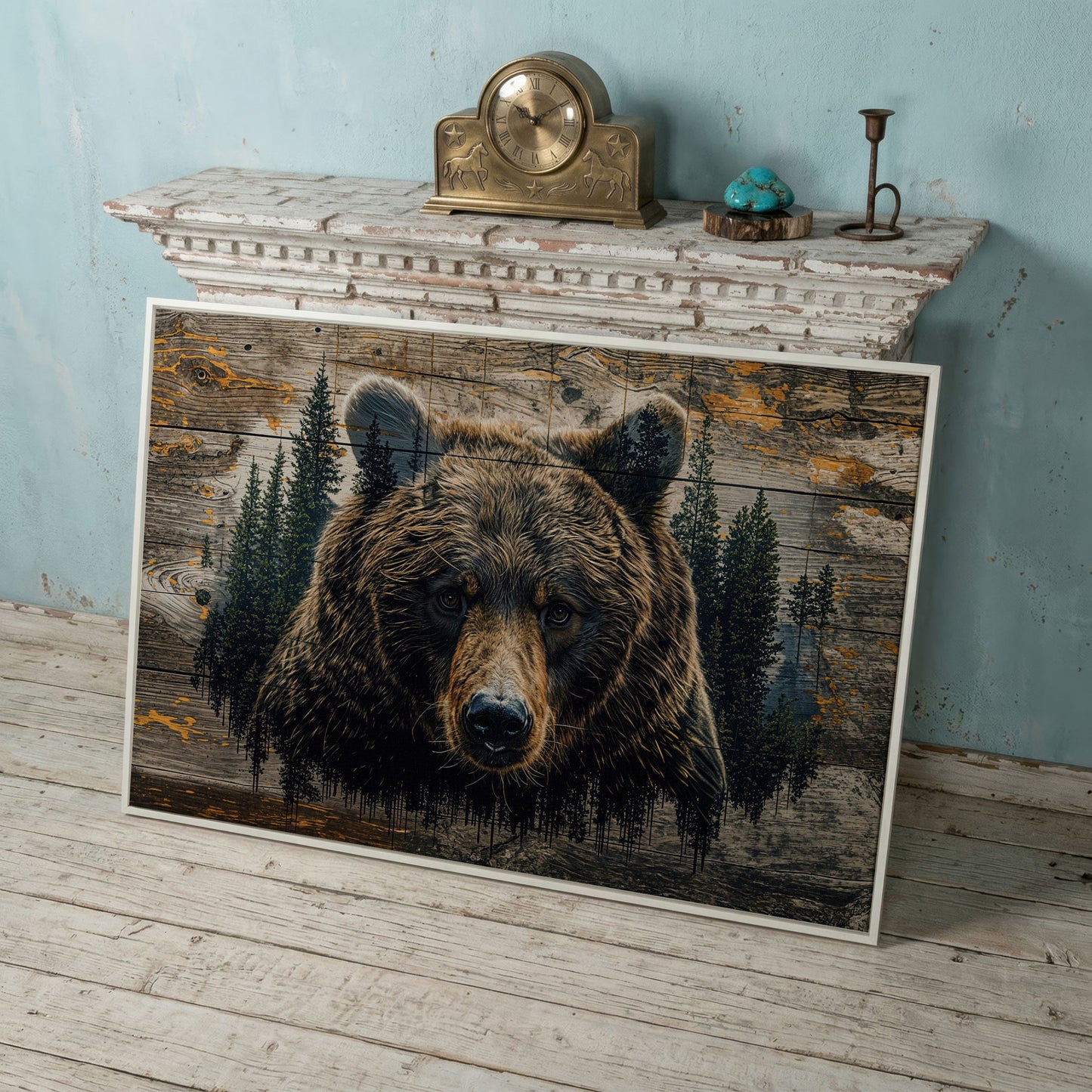 Brown Bear in Forest Canvas Print in white floating frame