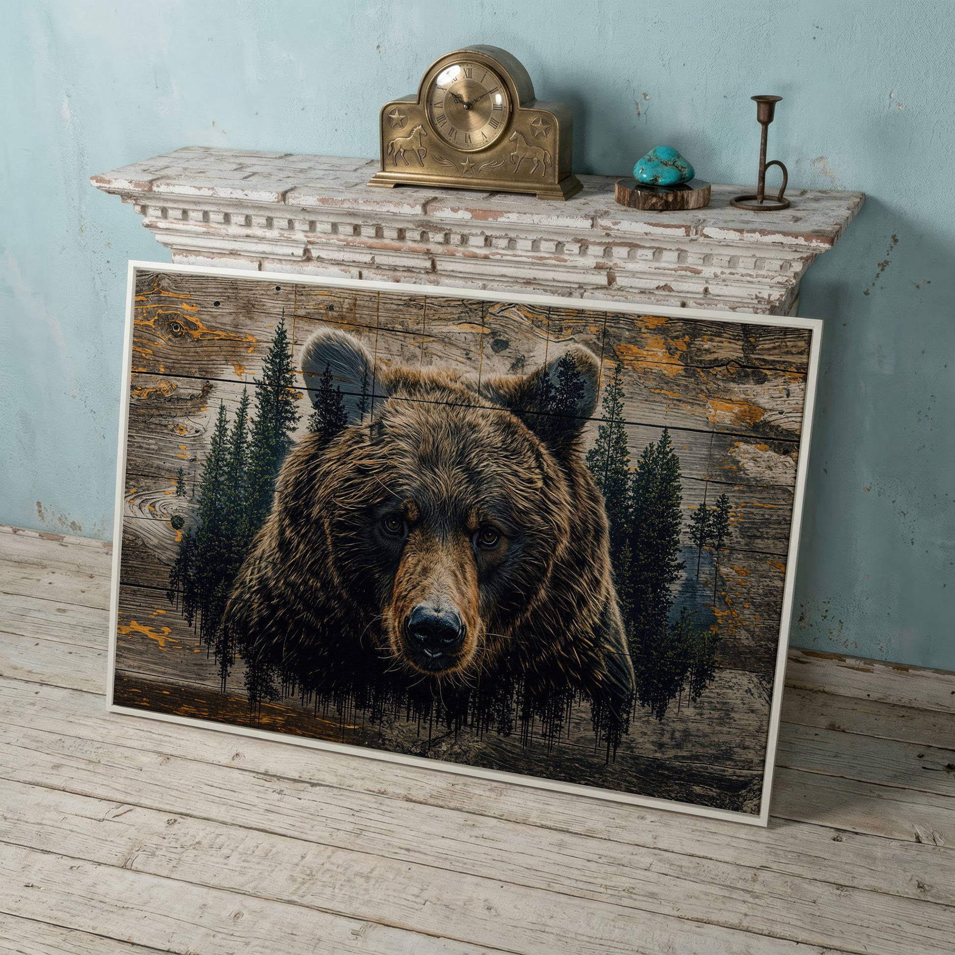 Brown Bear in Forest Canvas Print in white floating frame