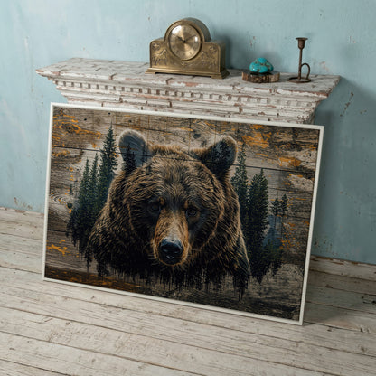 Brown Bear in Forest Canvas Print in white floating frame