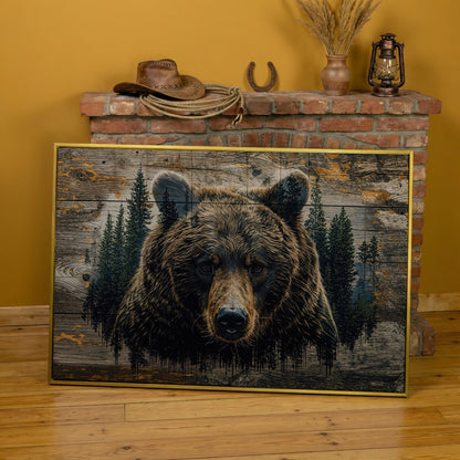 Brown Bear in Forest Canvas Print in yellow gold floating frame