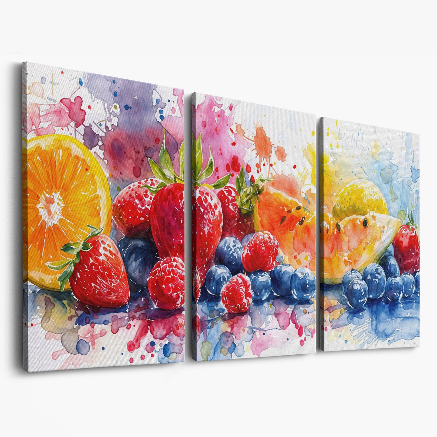 Summer Fruits Still Life Canvas Art, Watercolor Kitchen Wall Art as 3-panel split version