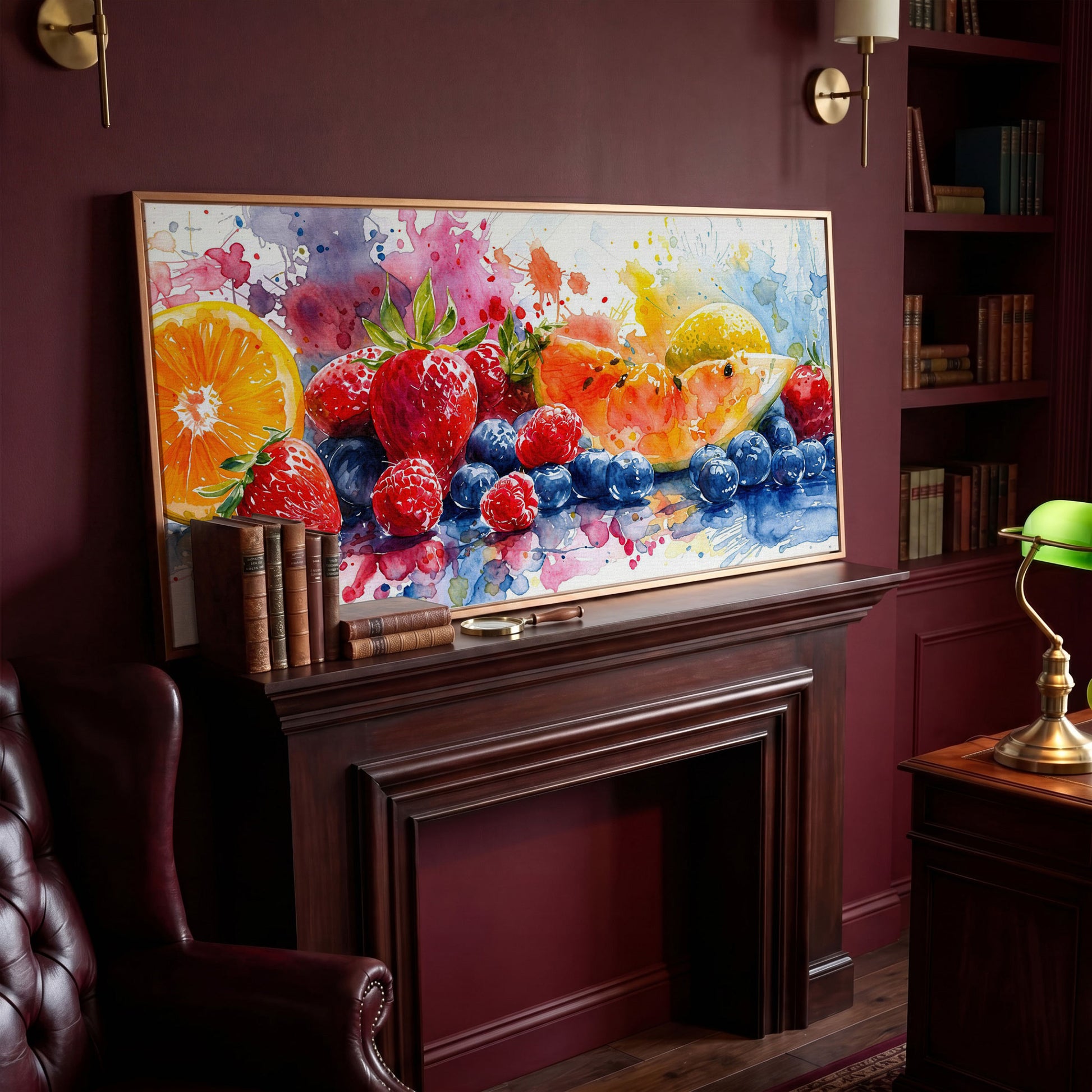 Summer Fruits Still Life Canvas Art, Watercolor Kitchen Wall Art in antique gold floating frame