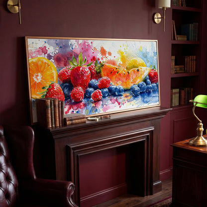 Summer Fruits Still Life Canvas Art, Watercolor Kitchen Wall Art in antique gold floating frame