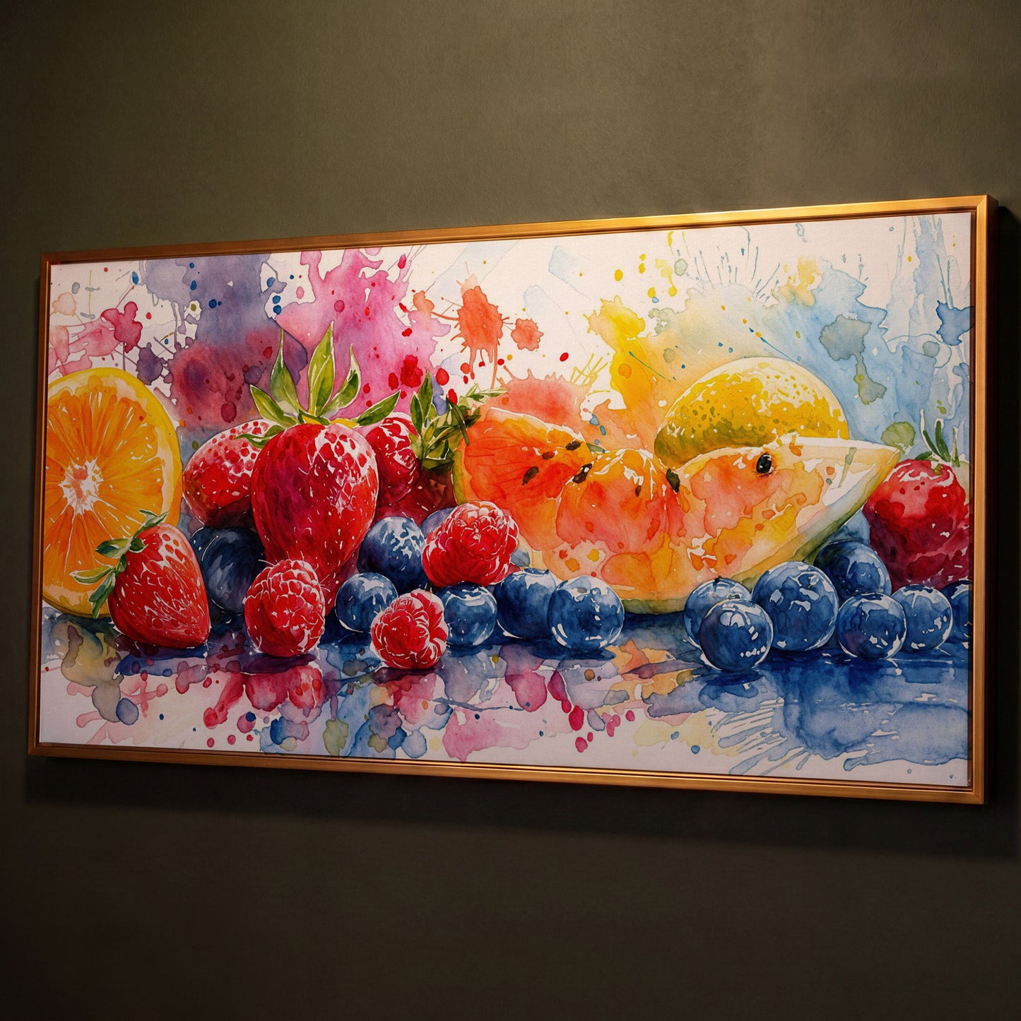 Summer Fruits Still Life Canvas Art, Watercolor Kitchen Wall Art shown in antique gold floating frame
