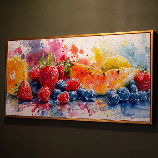 Summer Fruits Still Life Canvas Art, Watercolor Kitchen Wall Art shown in antique gold floating frame