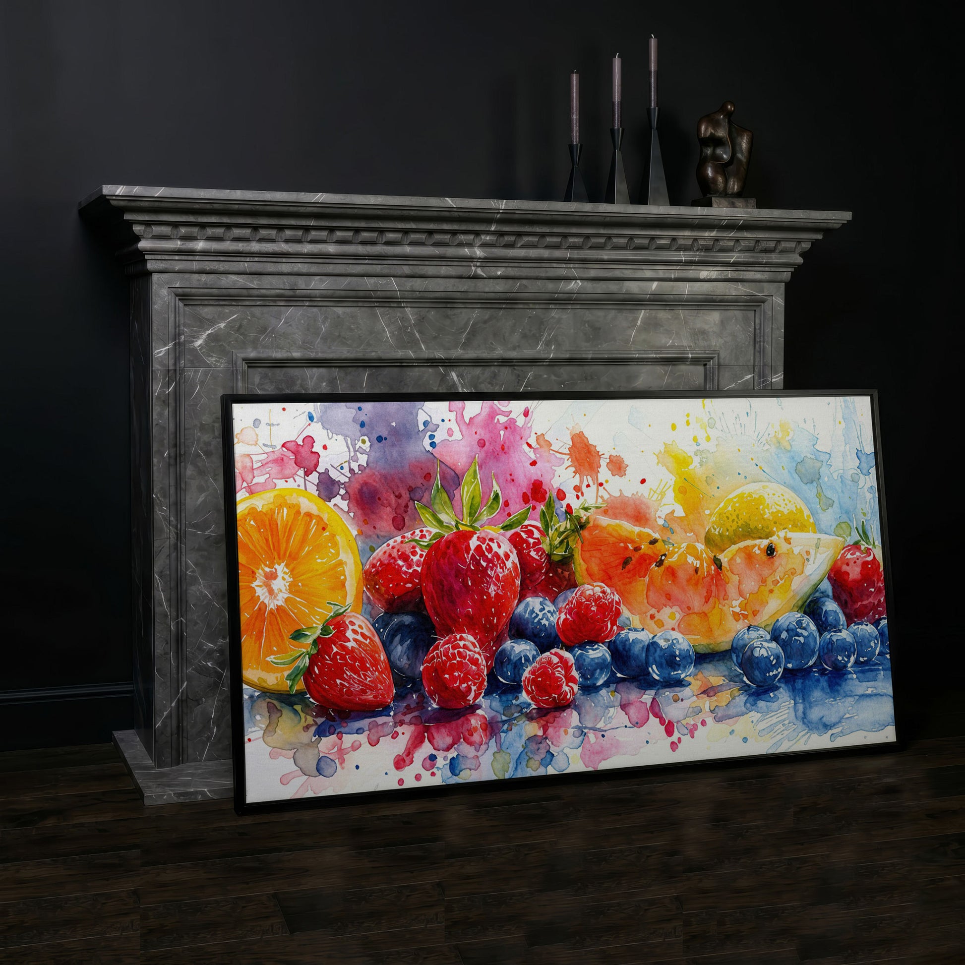 Summer Fruits Still Life Canvas Art, Watercolor Kitchen Wall Art in black floating frame