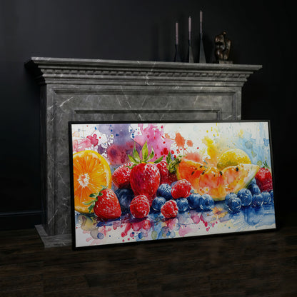 Summer Fruits Still Life Canvas Art, Watercolor Kitchen Wall Art in black floating frame