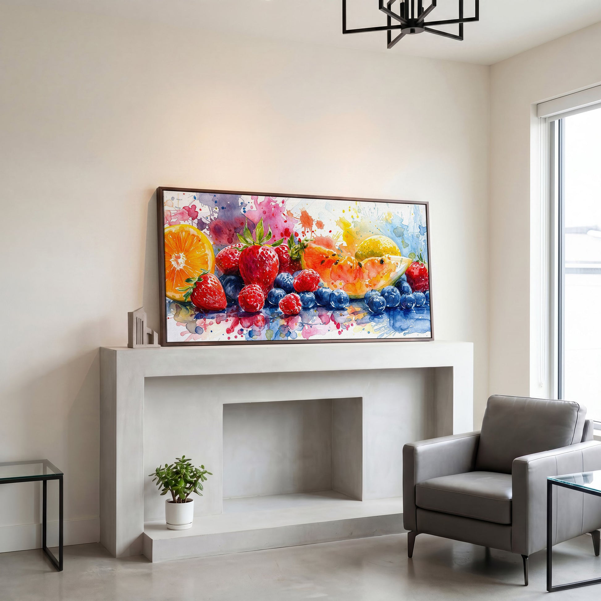 Summer Fruits Still Life Canvas Art, Watercolor Kitchen Wall Art in dark walnut floating frame
