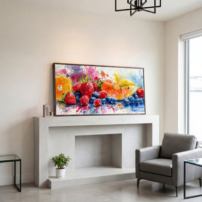 Summer Fruits Still Life Canvas Art, Watercolor Kitchen Wall Art in dark walnut floating frame
