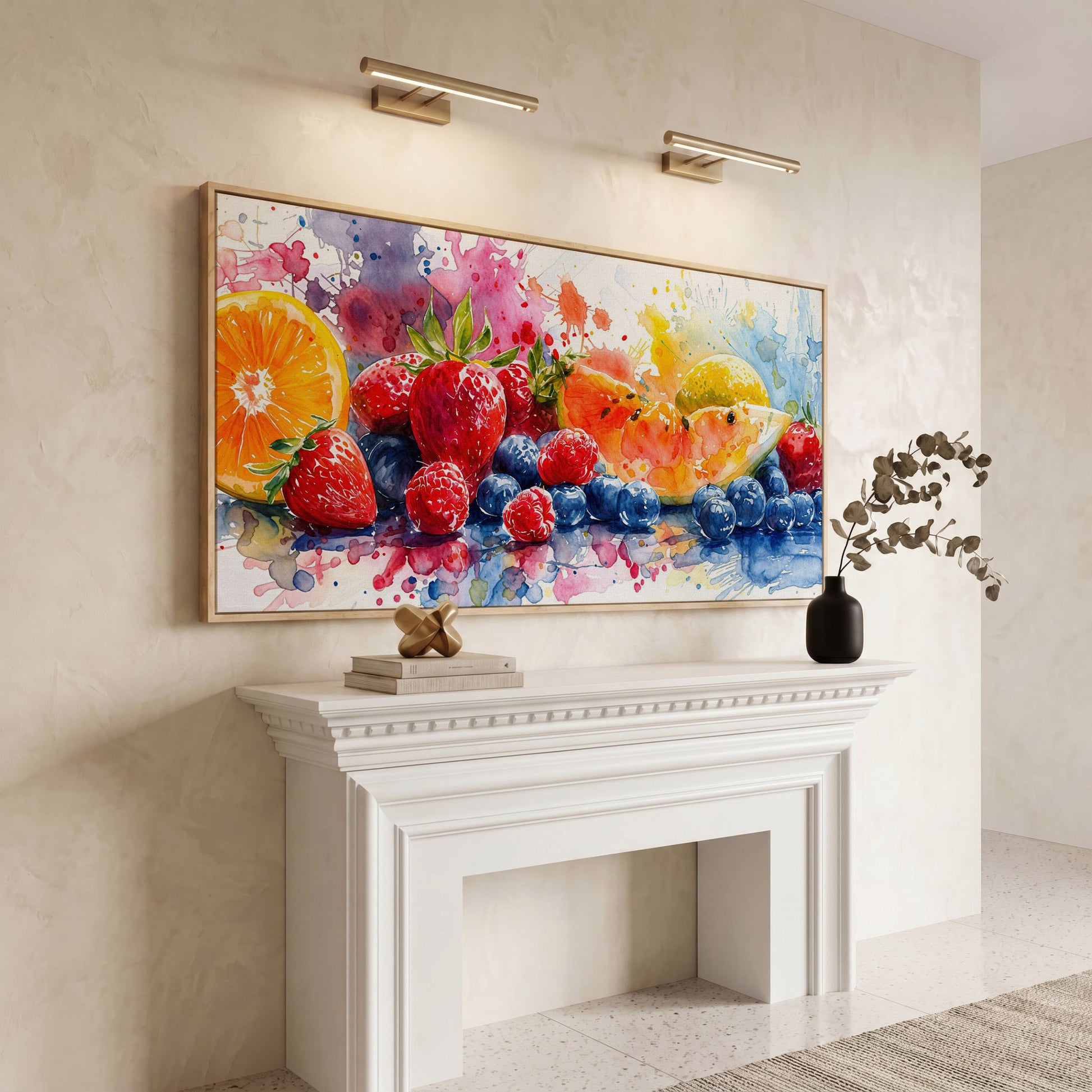 Summer Fruits Still Life Canvas Art, Watercolor Kitchen Wall Art in white oak floating frame