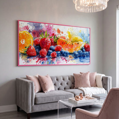 Summer Fruits Still Life Canvas Art, Watercolor Kitchen Wall Art in pink floating frame
