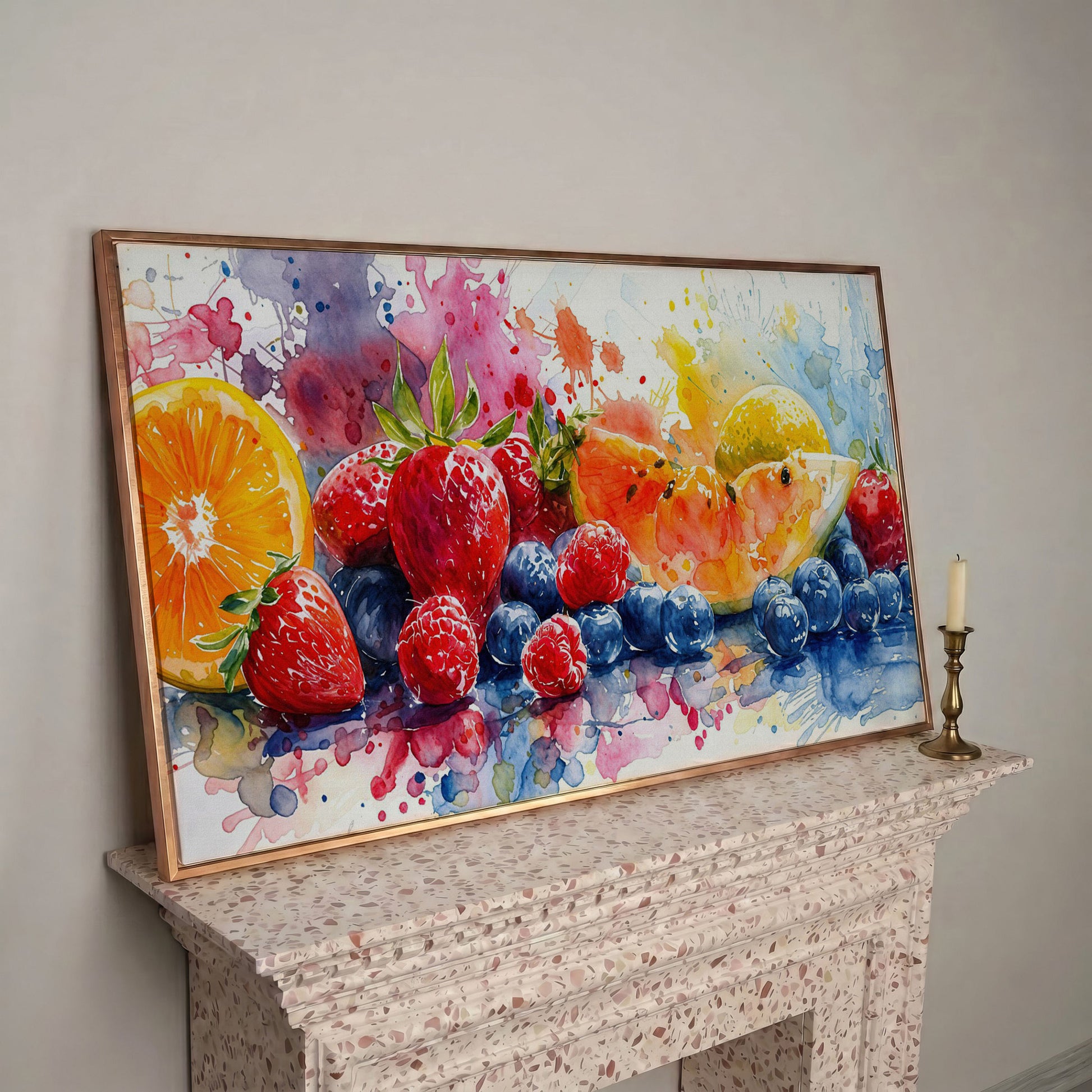Summer Fruits Still Life Canvas Art, Watercolor Kitchen Wall Art in rose gold floating frame