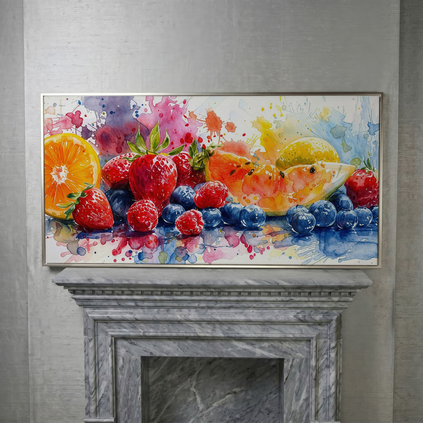 Summer Fruits Still Life Canvas Art, Watercolor Kitchen Wall Art in silver floating frame