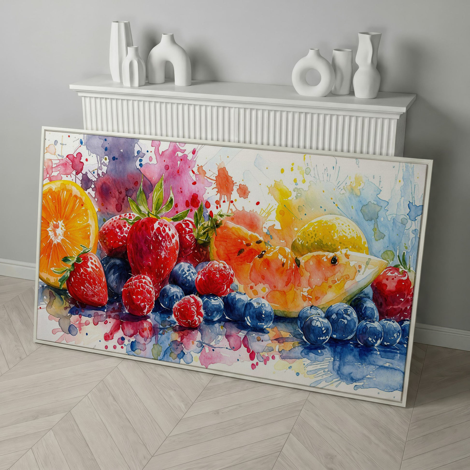 Summer Fruits Still Life Canvas Art, Watercolor Kitchen Wall Art in white floating frame