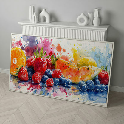 Summer Fruits Still Life Canvas Art, Watercolor Kitchen Wall Art in white floating frame