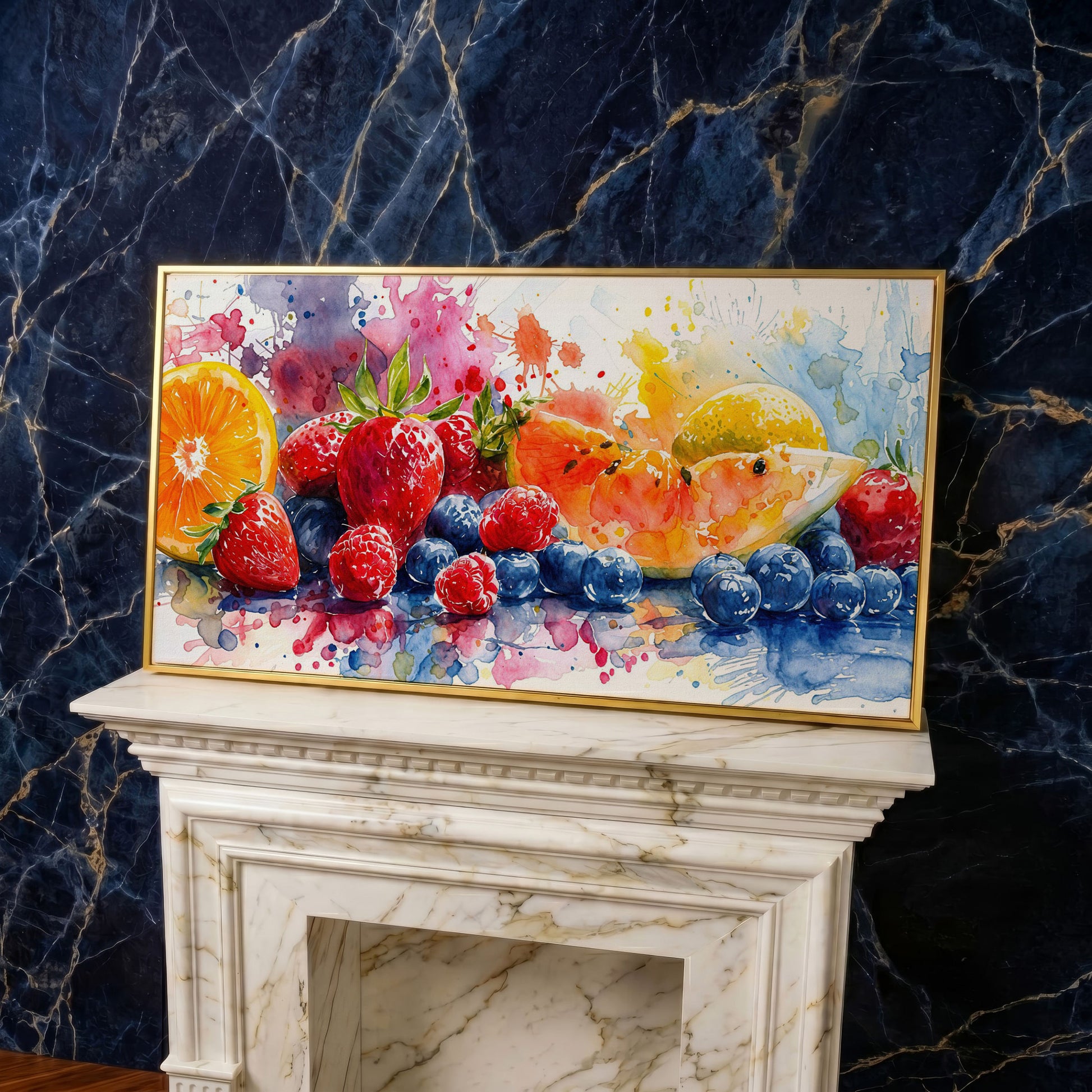 Summer Fruits Still Life Canvas Art, Watercolor Kitchen Wall Art in yellow gold floating frame