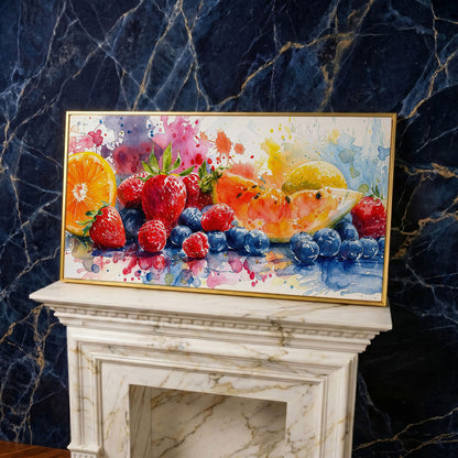 Summer Fruits Still Life Canvas Art, Watercolor Kitchen Wall Art in yellow gold floating frame