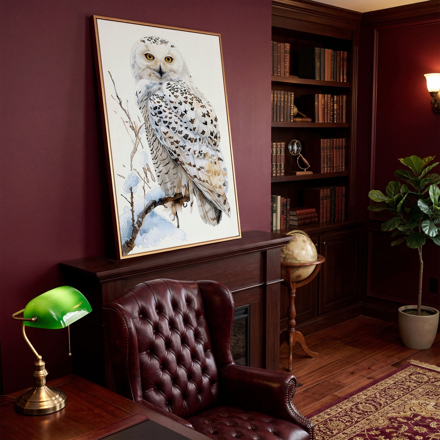 Snowy Owl on a Winter Branch Canvas Wall Art in antique gold floating frame