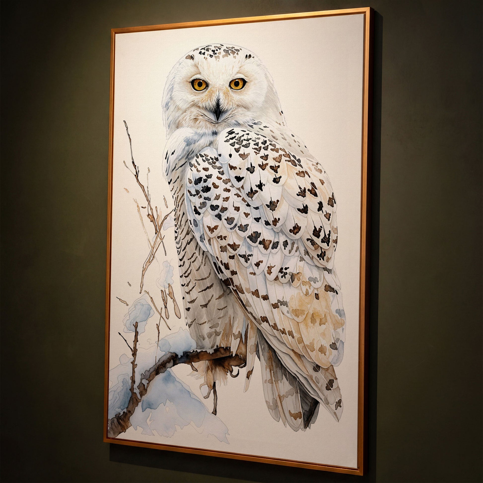 Snowy Owl on a Winter Branch Canvas Wall Art shown in antique gold floating frame