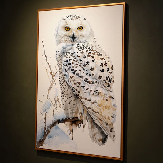 Snowy Owl on a Winter Branch Canvas Wall Art shown in antique gold floating frame