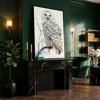 Snowy Owl on a Winter Branch Canvas Wall Art in black floating frame