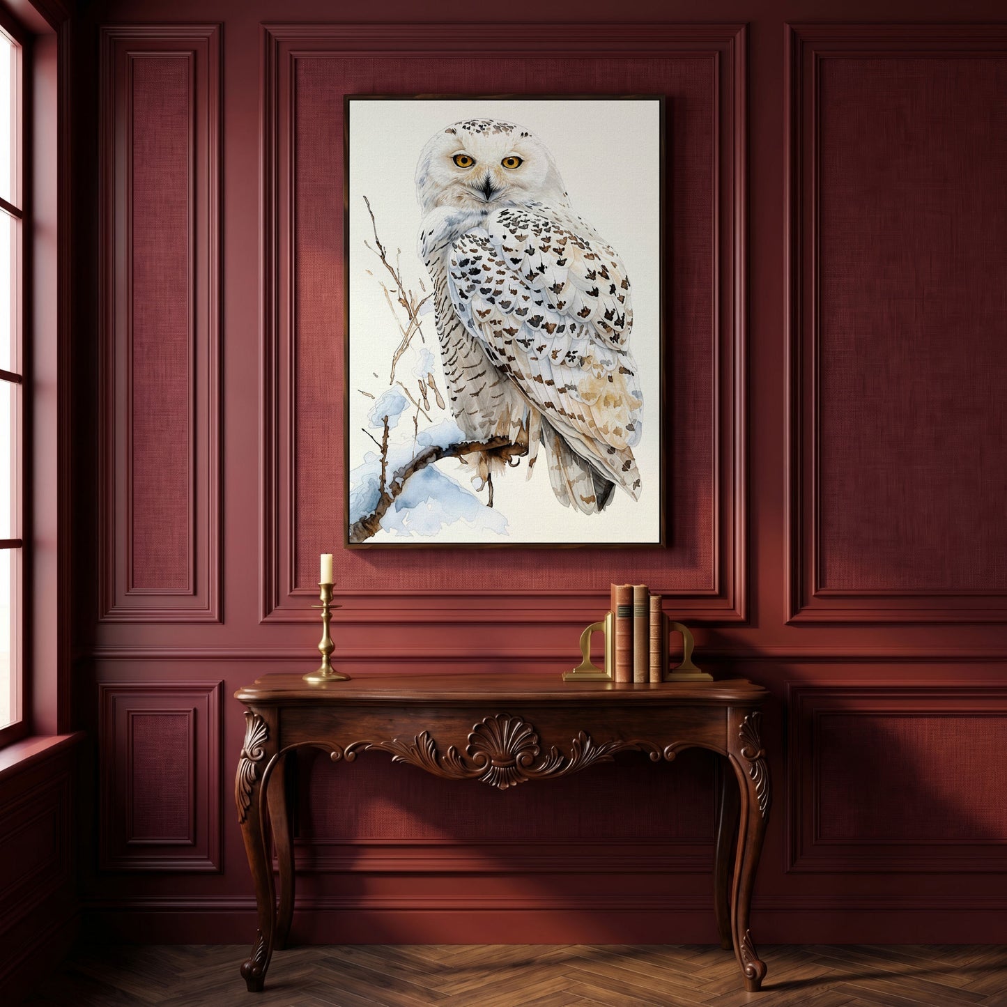 Snowy Owl on a Winter Branch Canvas Wall Art in dark walnut floating frame