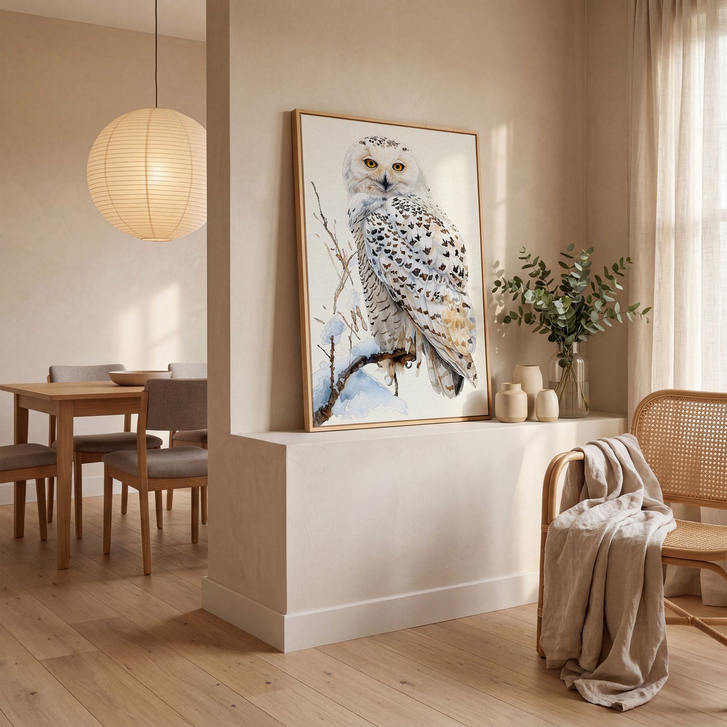Snowy Owl on a Winter Branch Canvas Wall Art in white oak floating frame