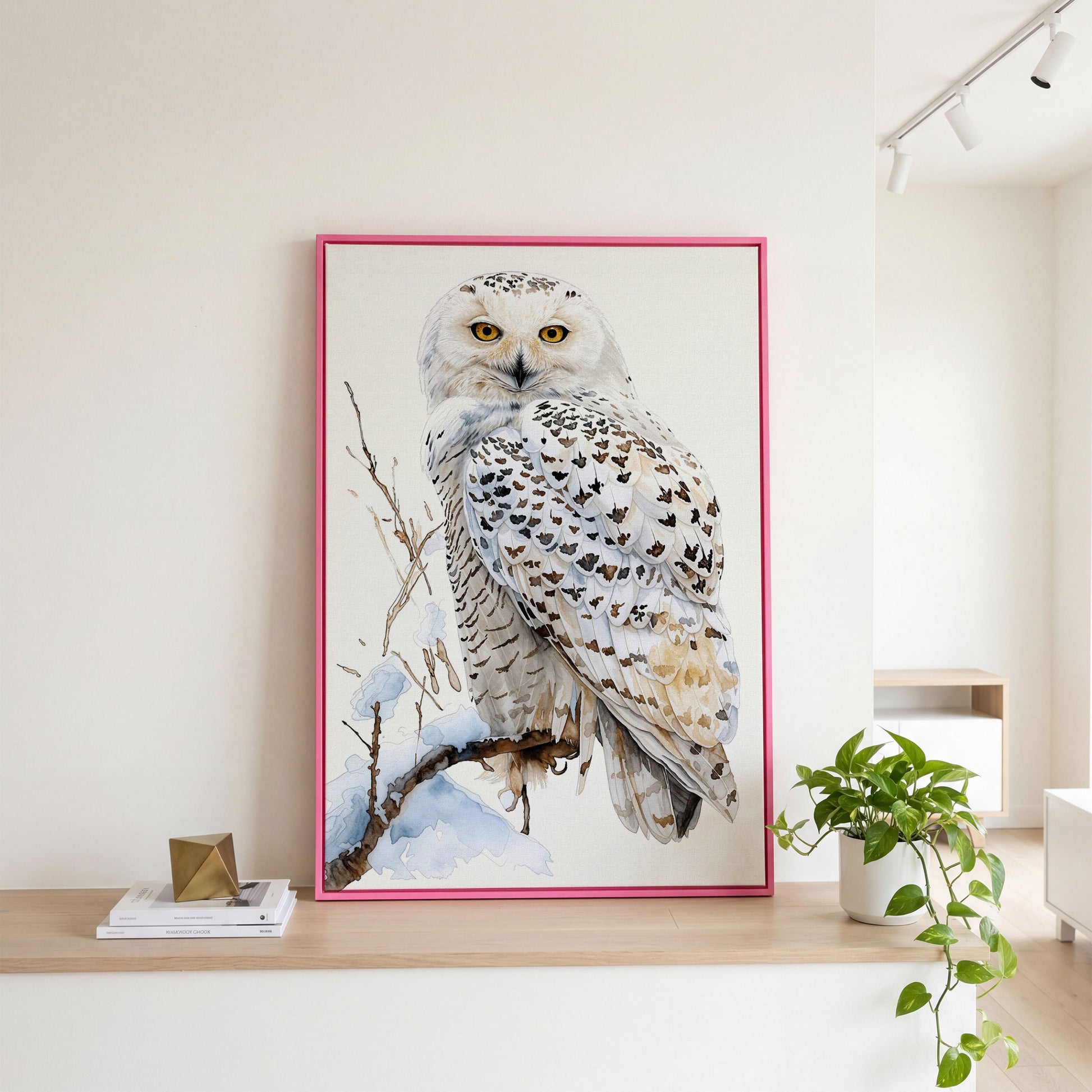 Snowy Owl on a Winter Branch Canvas Wall Art in pink floating frame