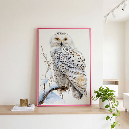 Snowy Owl on a Winter Branch Canvas Wall Art in pink floating frame