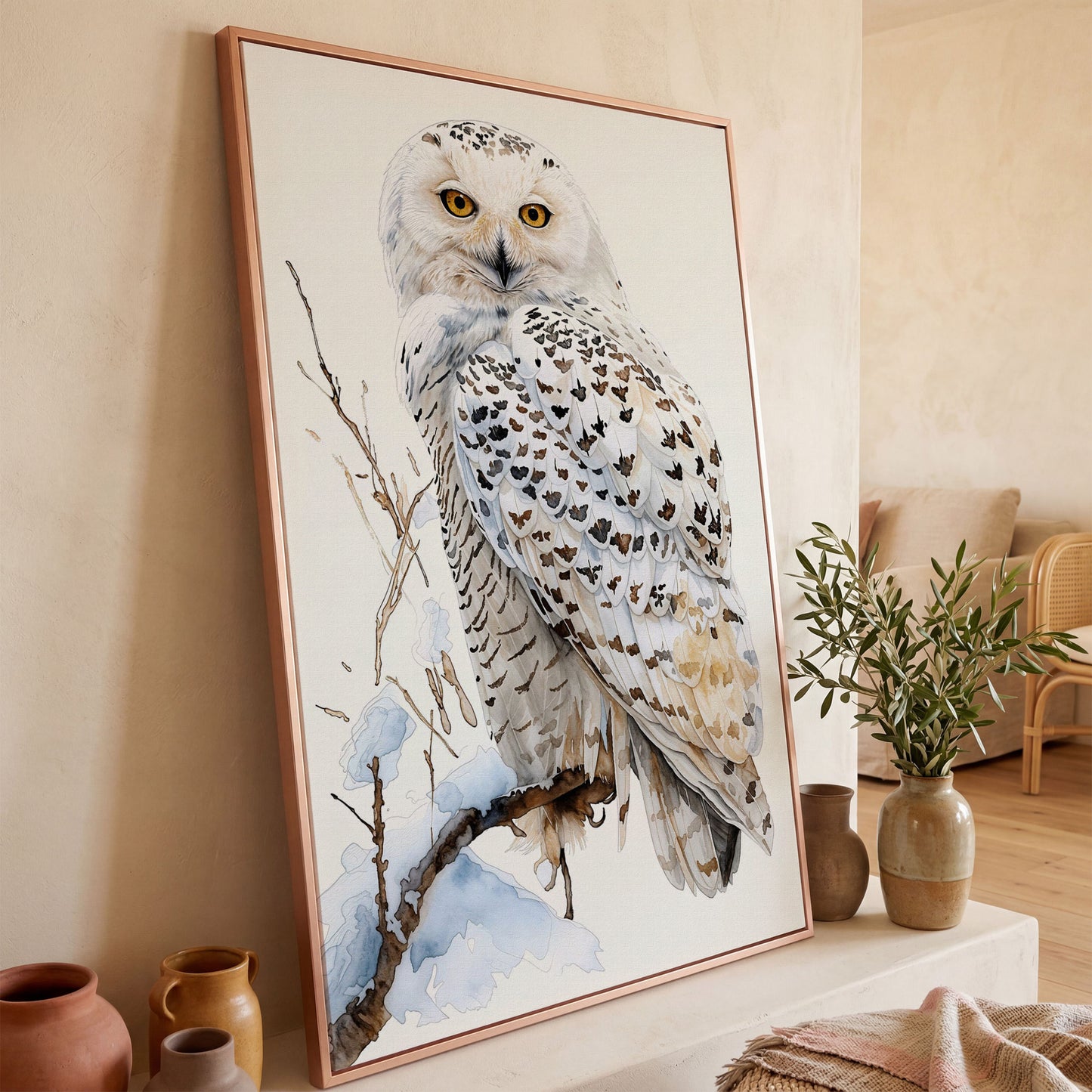Snowy Owl on a Winter Branch Canvas Wall Art in rose gold floating frame