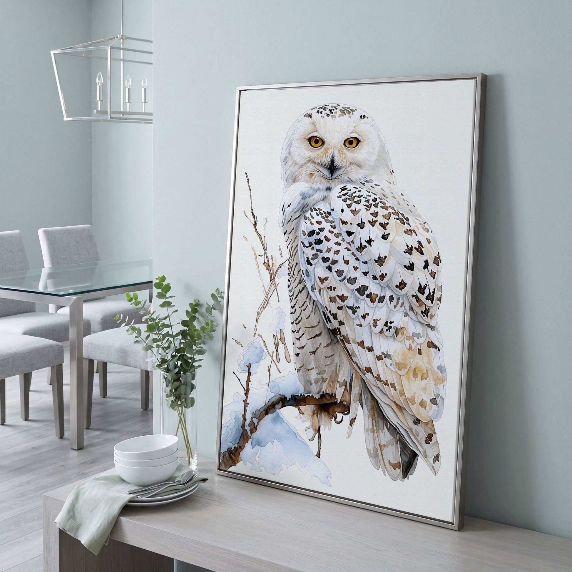 Snowy Owl on a Winter Branch Canvas Wall Art in silver floating frame