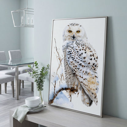 Snowy Owl on a Winter Branch Canvas Wall Art in silver floating frame