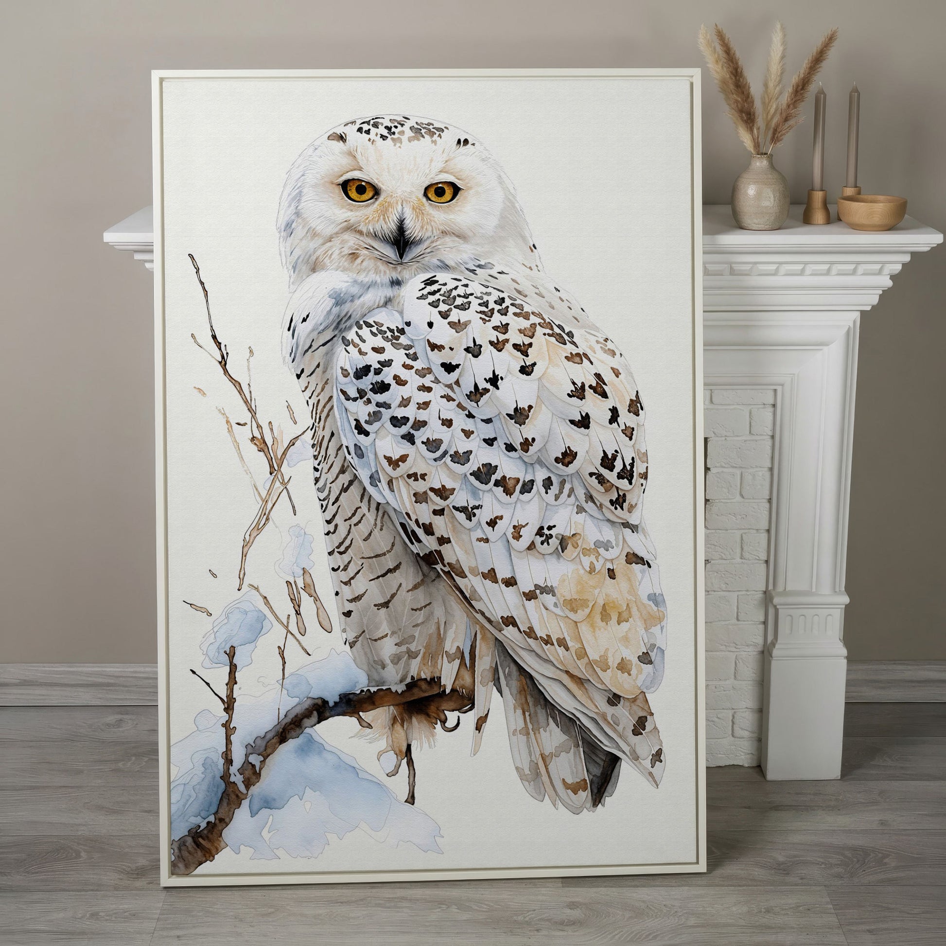 Snowy Owl on a Winter Branch Canvas Wall Art in white floating frame