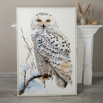 Snowy Owl on a Winter Branch Canvas Wall Art in white floating frame
