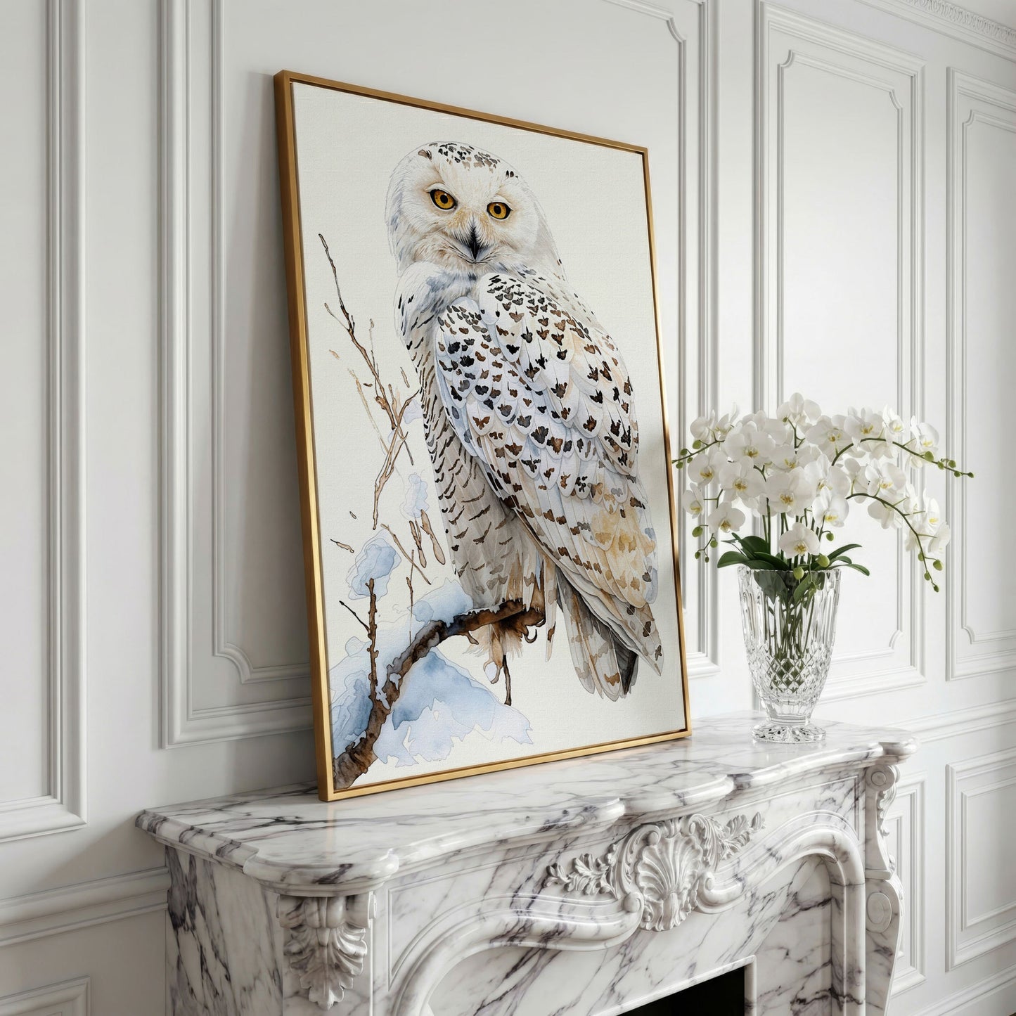 Snowy Owl on a Winter Branch Canvas Wall Art in yellow gold floating frame