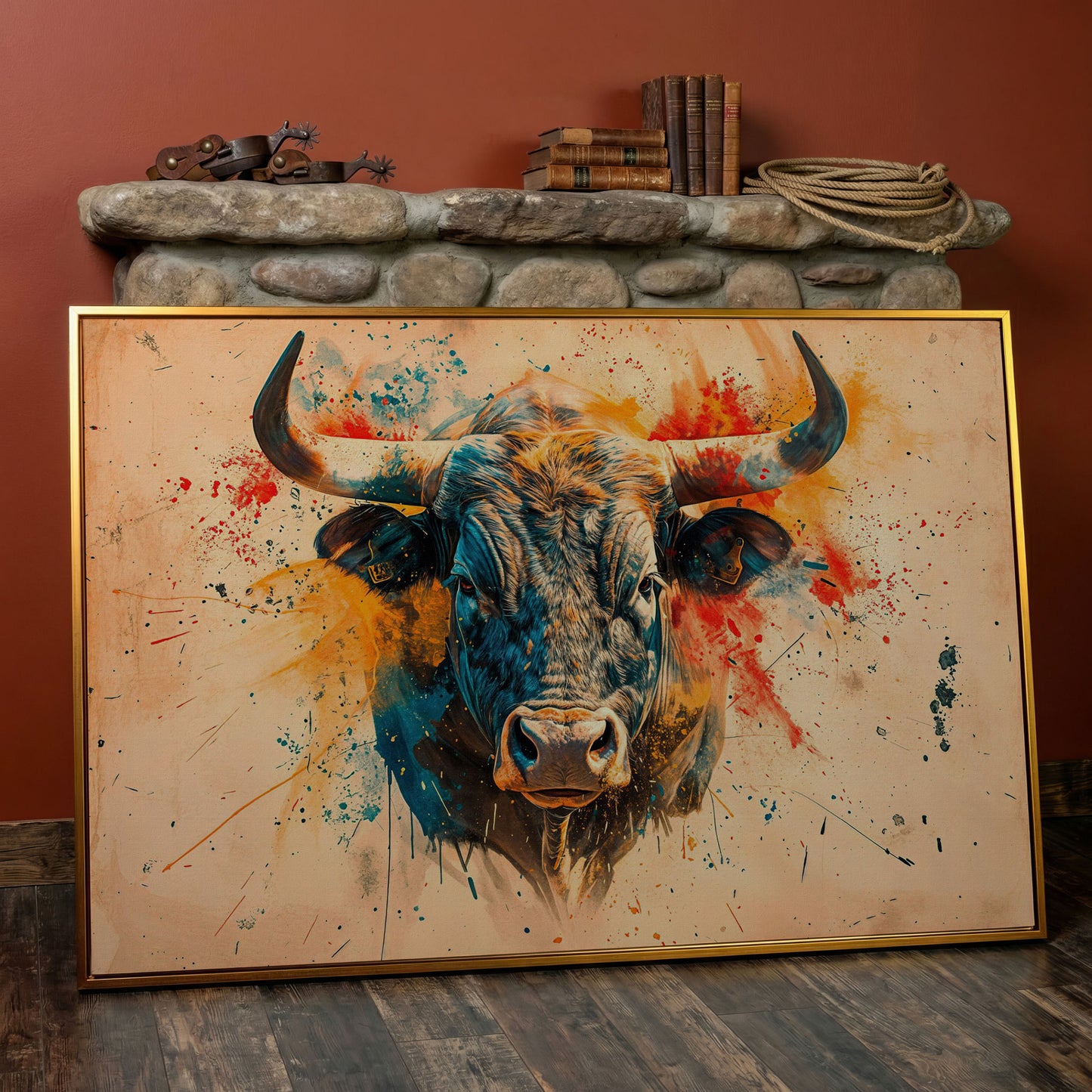 Bold Longhorn Bull Canvas Art, Head-On Portrait for Western Walls in antique gold floating frame
