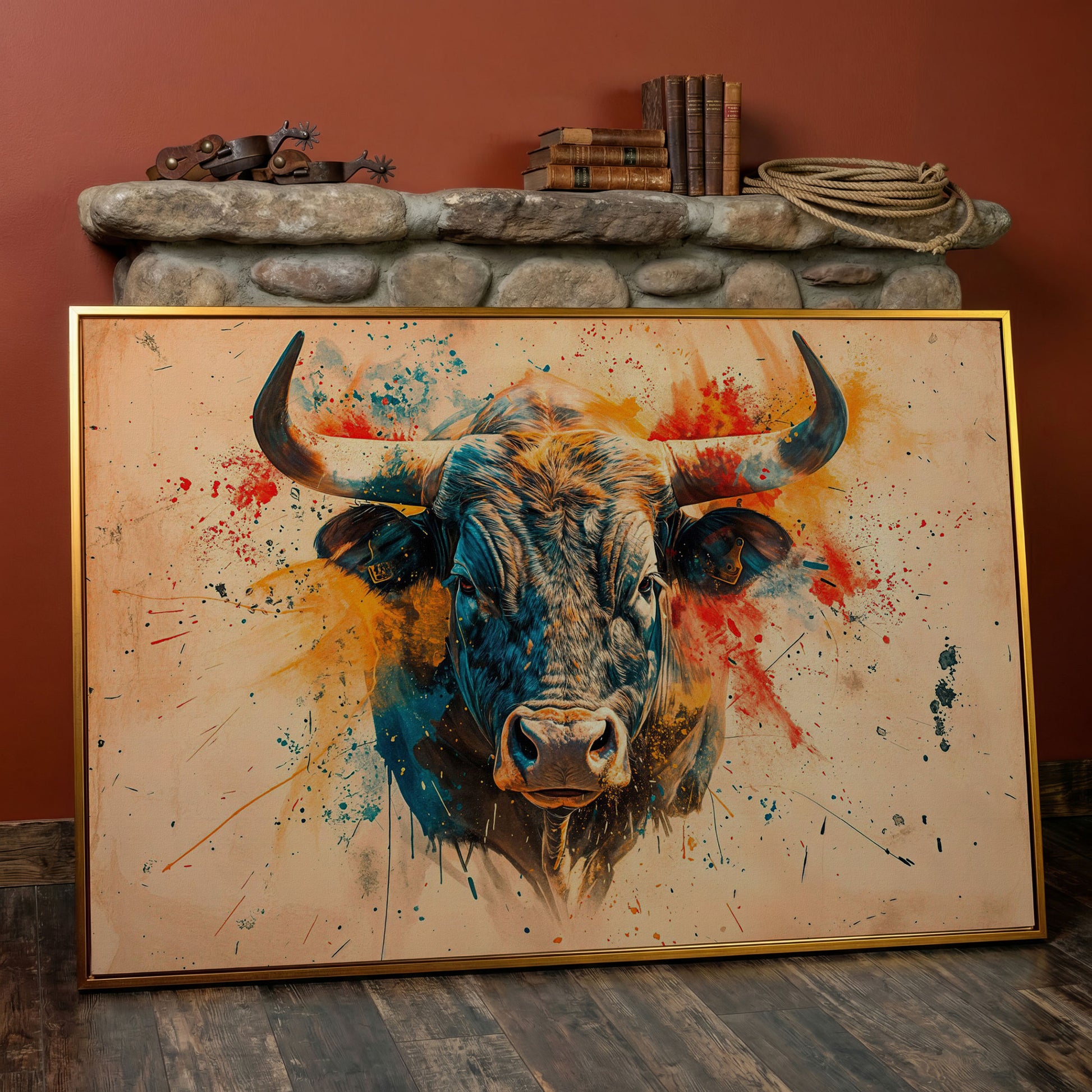 Bold Longhorn Bull Canvas Art, Head-On Portrait for Western Walls in antique gold floating frame