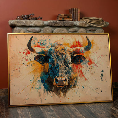 Bold Longhorn Bull Canvas Art, Head-On Portrait for Western Walls in antique gold floating frame