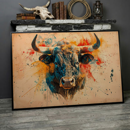 Bold Longhorn Bull Canvas Art, Head-On Portrait for Western Walls in black floating frame