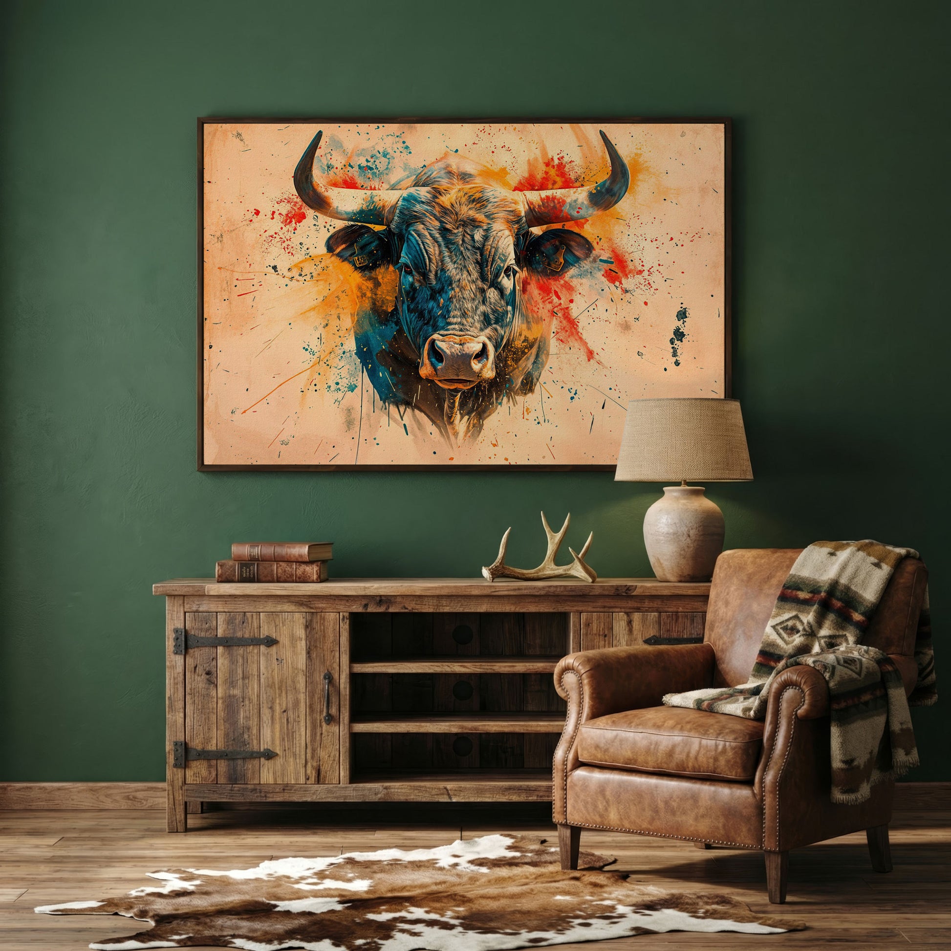 Bold Longhorn Bull Canvas Art, Head-On Portrait for Western Walls in dark walnut floating frame