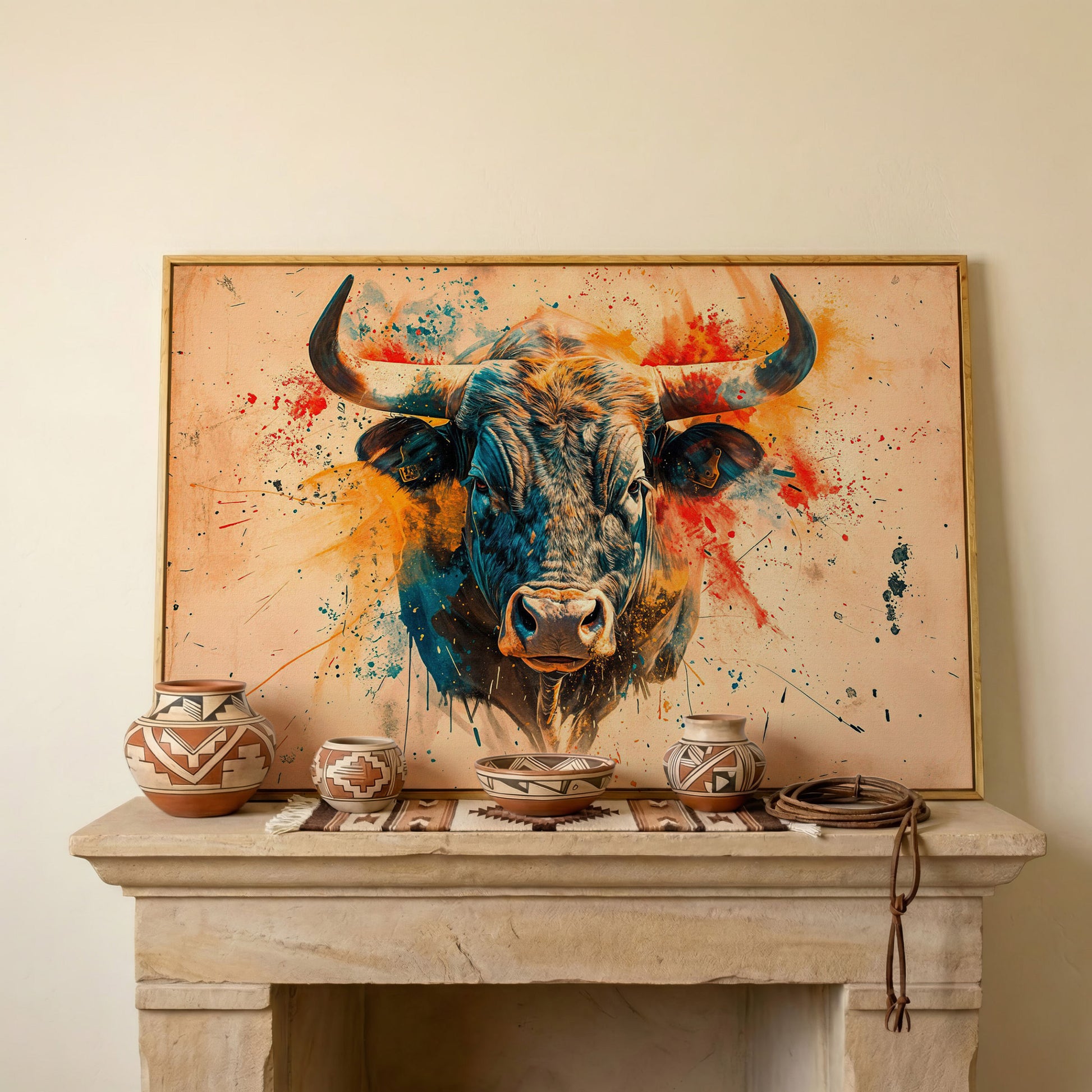 Bold Longhorn Bull Canvas Art, Head-On Portrait for Western Walls in white oak floating frame